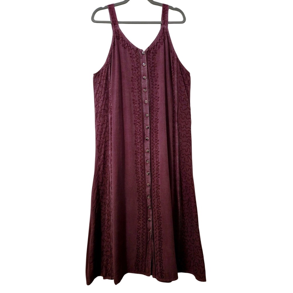 Cute Options Boho Embroidered Button Front Midi Dress Plum Sleeveless Tie O/S